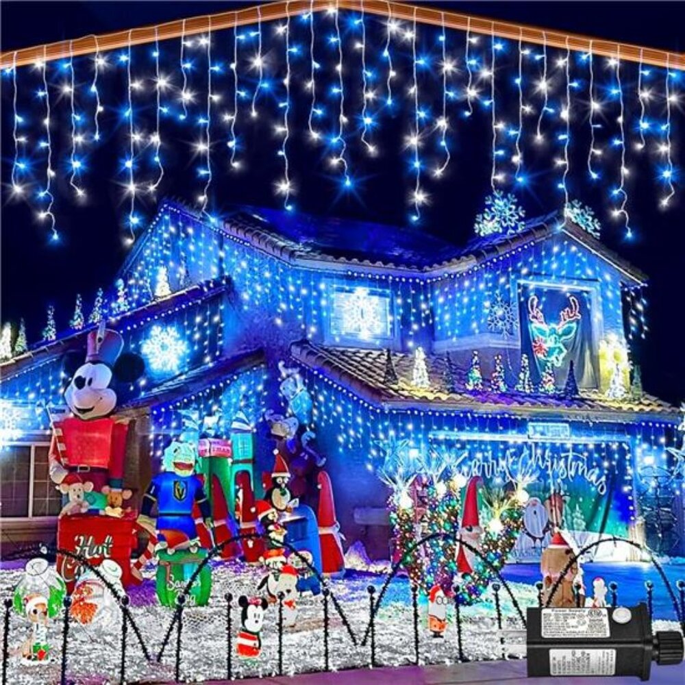 33ft Icicle Christmas Lights Blue White LED Outdoor Indoor Twinkle Curtain Light